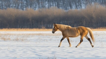 Bay horse walking gracefully through a snow-covered paddock in a serene winter landscape with frosty trees in the background.