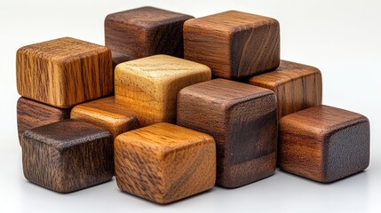 Wooden building blocks in various shades and textures arranged creatively for educational and artistic purposes.