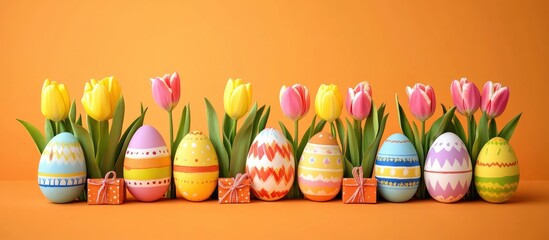 Colorful Easter eggs and gift boxes with tulip flowers on vibrant orange background for festive spring celebrations and holiday promotions