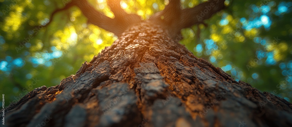 Poster close up view of a tree trunk highlighting detailed bark texture and sunlight filtering through gree
