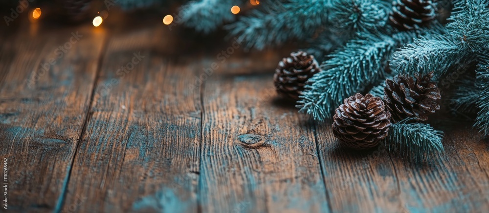 Poster christmas fir tree branches with delicate cones on a rustic wooden surface creating a cozy festive a