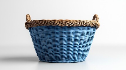 Obraz premium Empty blue laundry basket with braided rim isolated on a clean white background for home organization and decor purposes