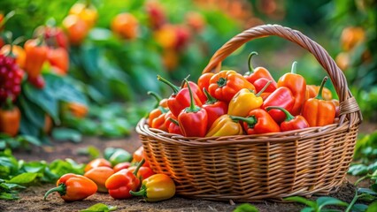 A wicker basket overflowing with vibrant red and yellow peppers, nestled amongst lush green foliage, showcasing the bountiful harvest of a summer garden.