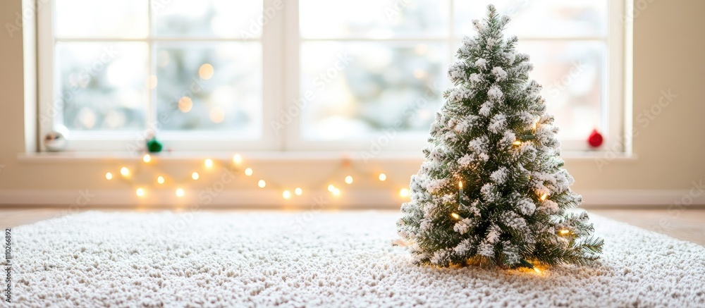 Poster cozy christmas scene with a snow-dusted fir tree on a carpet and a window adorned with colorful ligh