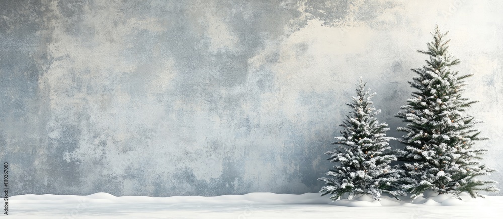 Poster charming winter scene featuring two snow-covered trees of different sizes set against a textured gre