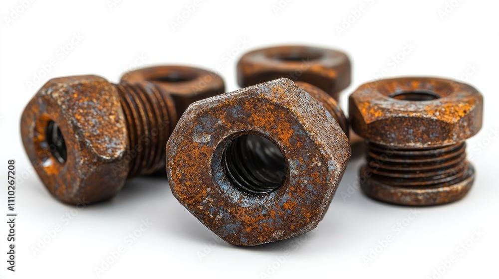 Poster rusty bolts and nuts showcasing corrosion and texture on a white background with clipping path for i