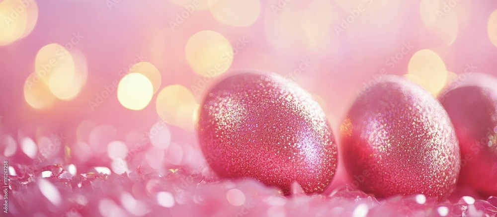Poster brightly colored easter eggs resting on shimmering glitter paper with a dreamy bokeh background crea