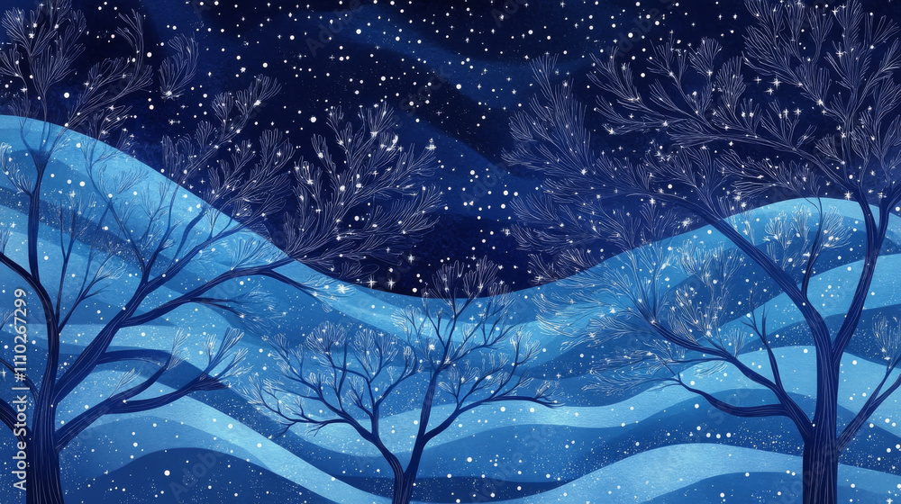 Poster abstract image starry sky or space, consisting of points, lines, and shapes in the form of tree, sta