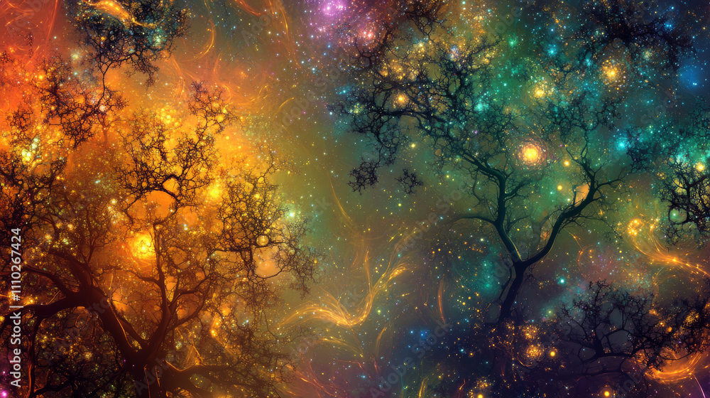 Poster abstract image starry sky or space, consisting of points, lines, and shapes in the form of tree, sta