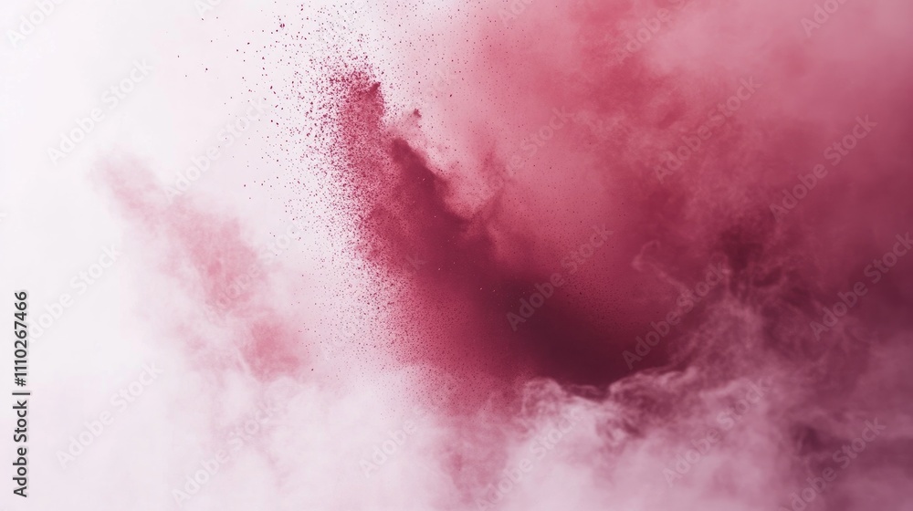 Poster burst of magenta colored powder creating an abstract pattern against a white background in high reso