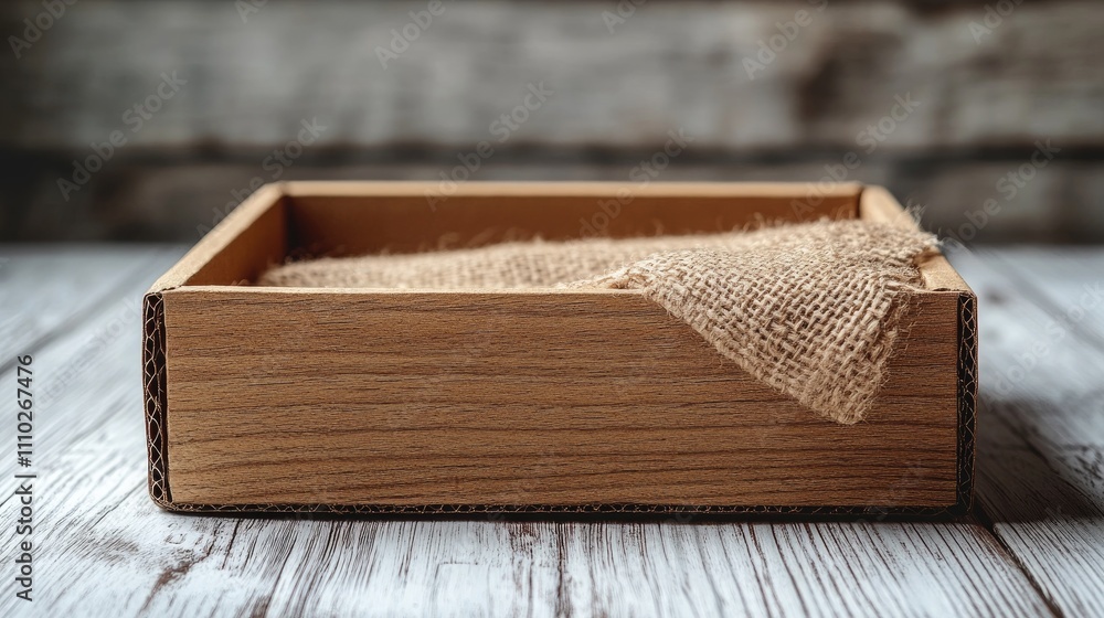 Poster empty wooden tray with burlap fabric on a rustic white wooden table for product display and packagin