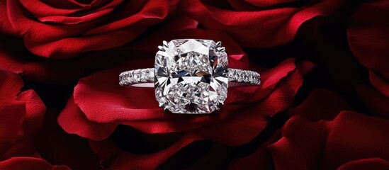 Elegant diamond ring on red roses showcasing romance and luxury against a pristine white backdrop perfect for love and engagement themes.