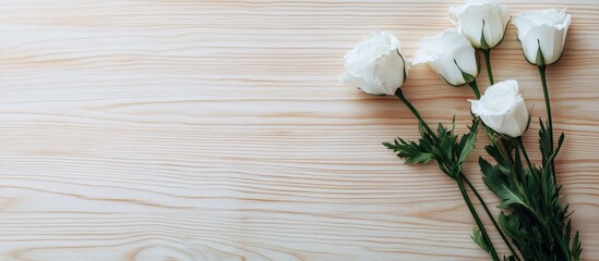 Fototapeta premium Arrangement of white eustoma flowers on a light wooden surface creating a serene and natural atmosphere for floral decor or design use