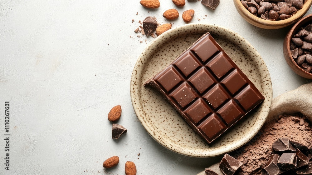 Poster chocolate bar with nuts and cocoa ingredients on a textured background showcasing a delicious and in