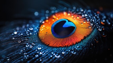 Vibrant close-up of a peacock feather showcasing intricate patterns and droplets of water highlighting its natural beauty and vibrant colors