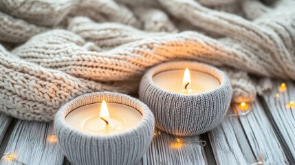 Cozy home setting featuring burning candles in knitted holders on a wooden table with a textured scarf and soft ambient lighting.