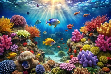 Obraz premium Colorful Coral Reef with Exotic Fish - Underwater Ecosystem Illustration for Marine Life Enthusiasts and Nature Lovers
