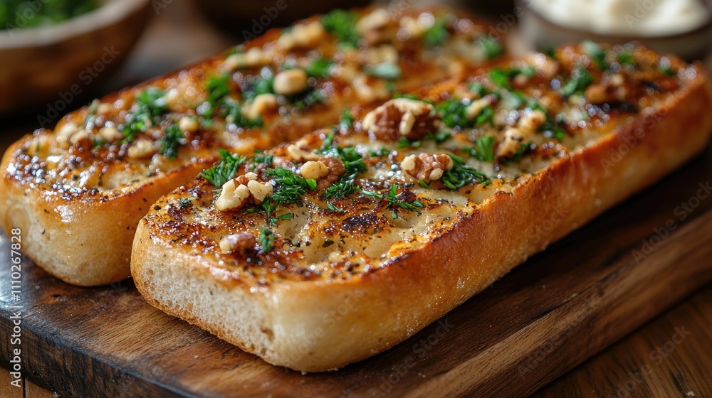 Aufkleber sliced bread topped with fresh parsley and walnuts on a wooden board served with creamy dip in a rus