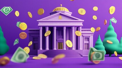 104.A 3D-rendered bank building with a classical faÃ§ade and a domed roof, standing prominently on a purple background. Shimmering gold coins and green paper currency are falling from above, creating