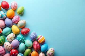 Fototapeta premium Colorful Easter Eggs on a Soft Blue Background with Space for Text - Celebrating Spring Festivities and Easter Traditions with Vibrant Decorations and Cheerful Vibes