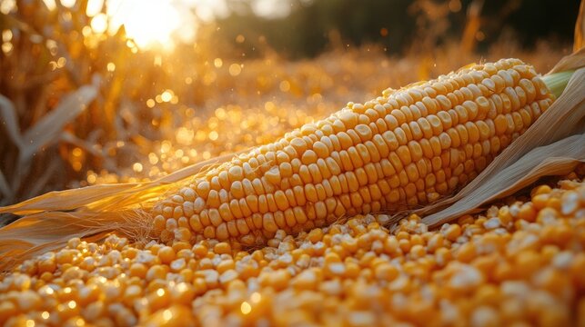 Close up of ripe corn kernels on cob in golden field highlighting agriculture and harvest abundance during sunset.