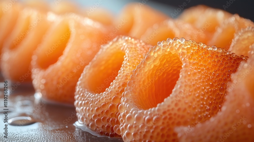 Poster close up of fresh mullet roe with delicate bubbles highlighting texture and color in a culinary sett