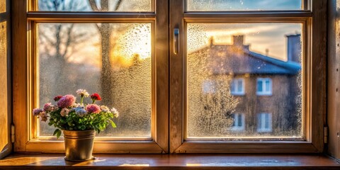 A pot of colorful flowers sits on a windowsill, basking in the golden glow of the setting sun, casting a warm light through the dusty window pane.