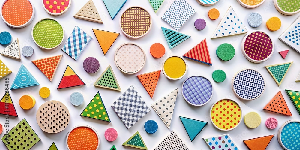 Aufkleber colorful geometric labels with triangle, circle, and square shapes for text over a white background 