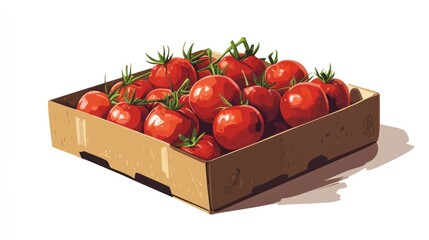 A detailed vector illustration of fresh red tomatoes piled in a rustic cardboard box, isolated on a white background