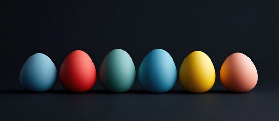 Naklejka premium Colorful Easter eggs arranged in a row with a dark background highlighting their vibrant hues and smooth textures. Perfect for spring themes.