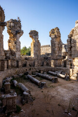 Rows of columns in Perge, Antalya, Turkey. Remains of colonnaded street in Pamphylian ancient city.Rows of columns in Perge, Antalya, Turkey. Ancient Kestros Fountain. Aksu, Antalya