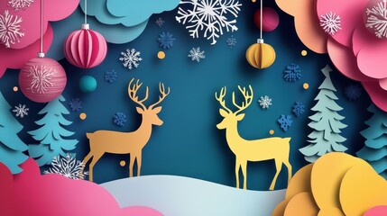 A colorful paper cutout of two deer standing in a snowy landscape