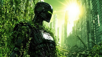 In a post-apocalyptic world, a nature-bound AI gladiator readies for battle amidst ruins of a futuristic city reclaimed by greenery. 