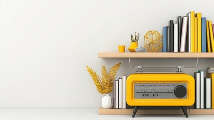 Blend classic and contemporary vibes with a vintage radio on a bookshelf filled with modern books and decor. 