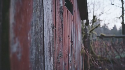 Weathered farmhouse exterior details surrounded by forest leaves and moss showcasing rustic charm and nature's reclamation.