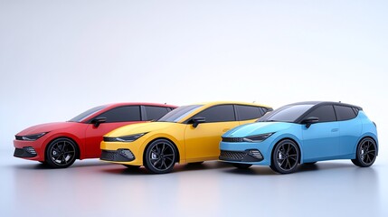 Naklejka premium 7.Set of Colored Realistic Cars, 3D Render of Modern Hatchbacks: