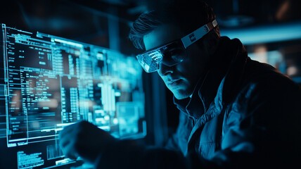 Man using VR goggles, focused on data analysis in tech environment