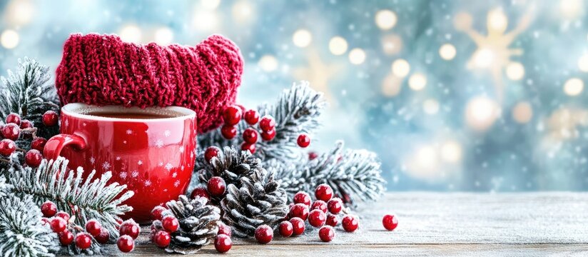 Cozy winter tea in a red mug surrounded by pinecones and berries on a wooden surface with a snowy background.