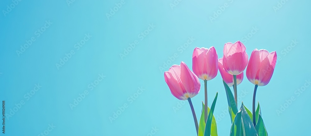 Aufkleber pink tulips arranged on a light blue background with selective focus creating a fresh and inviting f