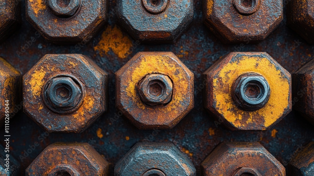 Poster detailed close-up of rusty bolts and nuts arranged in a grid showcasing industrial texture and color