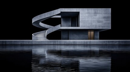 Spiral staircase in black and white, symbolizing infinity and architectural elegance with sharp lines and high contrast. 