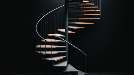 Monochrome photo of spiral staircase, sharp lines, high contrast, symbolizing infinity and architectural elegance. 