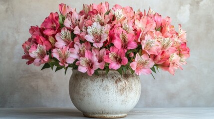 Alstroemeria flower bouquet in antique porcelain vase with soft pastel colors on neutral background for elegant decoration and design themes