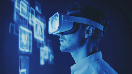 Immersed man in VR goggles, exploring virtual reality experiences