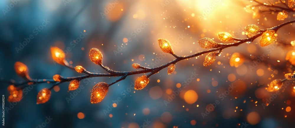 Poster warm glowing lights on a delicate branch creating a dreamy bokeh background with soft colors and enc
