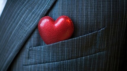Businessman revealing a red heart from his suit pocket symbolizing customer relationship management and emotional connection in business