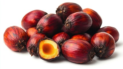 Obraz premium Fresh oil palm fruits pile on white background showcasing vibrant colors and textures highlighting agricultural produce and natural vitality.