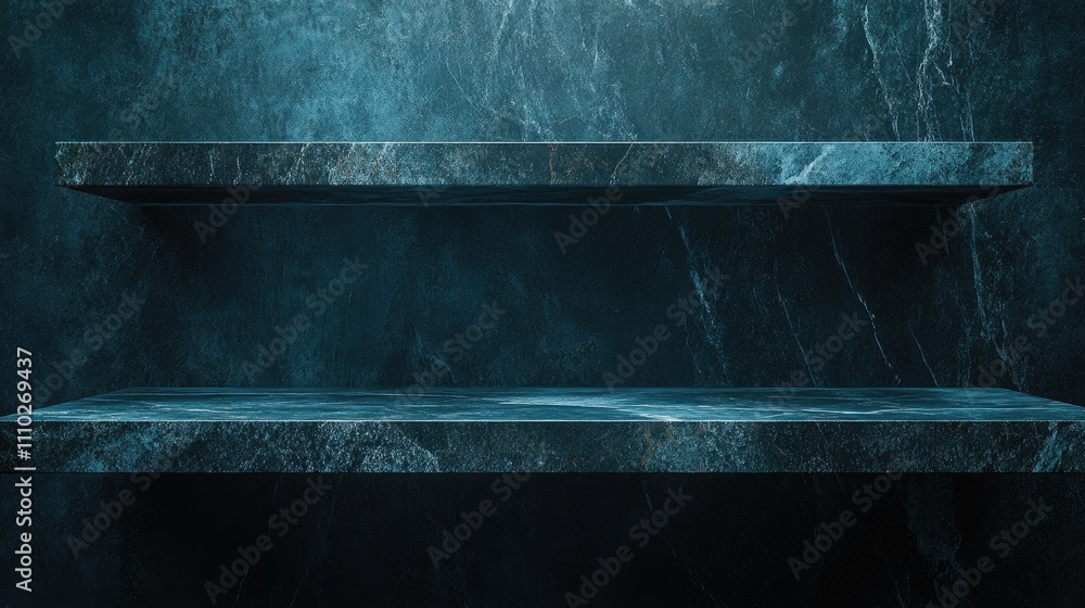 Poster empty marble shelves against a textured concrete wall with a moody fog atmosphere creating a dramati
