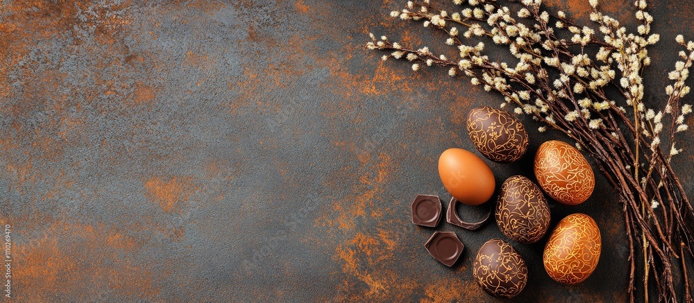 Poster easter greeting card design with willow branches chocolate sweets and decorative eggs on a textured 