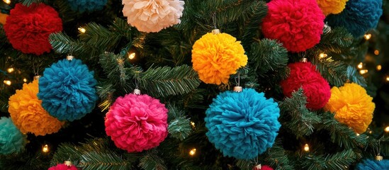 Colorful pom pom Christmas tree decoration with vibrant hues creating a festive and cheerful holiday atmosphere in a neatly arranged setting